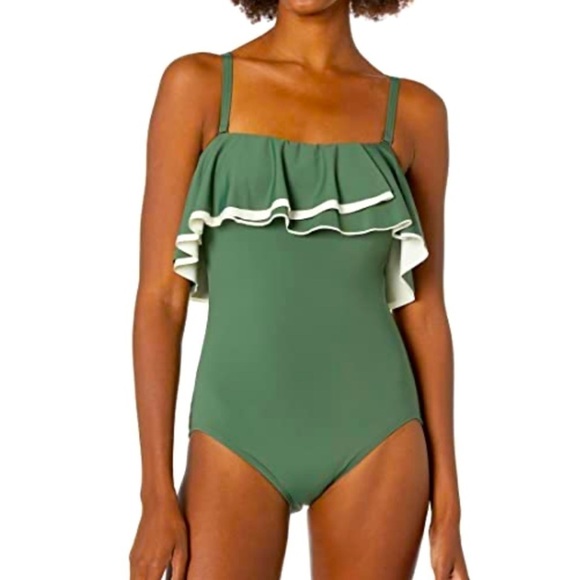 COCO Reef Agape Ruffle Bandeau Olive Swimsuit - Picture 1 of 10